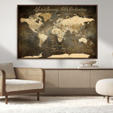 13394308-MGV-CV-36X24-Personalized World Map Wall Art – Dark Rustic Vintage Adventure Travel Map with Custom Couple Names, Timeless Wall Decor for Home