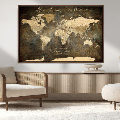 13394308-MGV-CV-36X24-Personalized World Map Wall Art – Dark Rustic Vintage Adventure Travel Map with Custom Couple Names, Timeless Wall Decor for Home