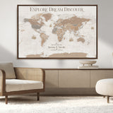 56148717-MGV-CV-36X24-Personalized World Map Wall Art – Neutral Beige & Brown Vintage Adventure Travel Map with Custom Couple Names, Classic Wall Decor