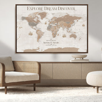 56148717-MGV-CV-36X24-Personalized World Map Wall Art – Neutral Beige & Brown Vintage Adventure Travel Map with Custom Couple Names, Classic Wall Decor