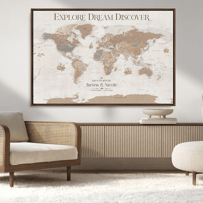 56148717-MGV-CV-36X24-Personalized World Map Wall Art – Neutral Beige & Brown Vintage Adventure Travel Map with Custom Couple Names, Classic Wall Decor
