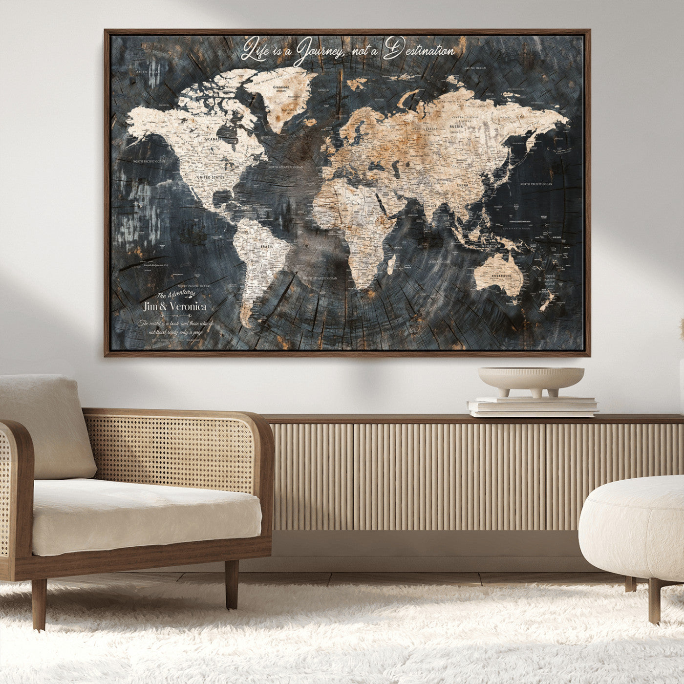 55548943-MGV-CV-36X24-Personalized World Map Wall Art – Rustic Wood Texture Adventure Travel Map with Custom Couple Names, Vintage Dark Wall Decor for