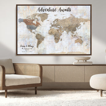 30792405-MGV-CV-36X24-Personalized World Map Wall Art – Rustic Beige Adventure Travel Map with Custom Couple Names, Vintage Wall Decor for Home or