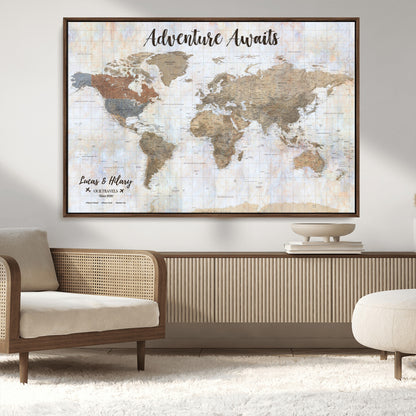 30792405-MGV-CV-36X24-Personalized World Map Wall Art – Rustic Beige Adventure Travel Map with Custom Couple Names, Vintage Wall Decor for Home or