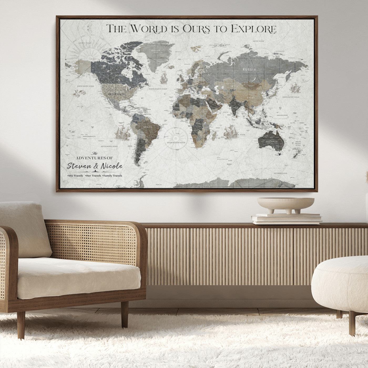 97082026-MGV-CV-36X24-Personalized World Map Wall Art – Vintage Gray Adventure Travel Map with Custom Couple or Family Names, Rustic Wall Decor for Home