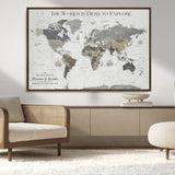 97082026-MGV-CV-36X24-Personalized World Map Wall Art – Vintage Gray Adventure Travel Map with Custom Couple or Family Names, Rustic Wall Decor for Home