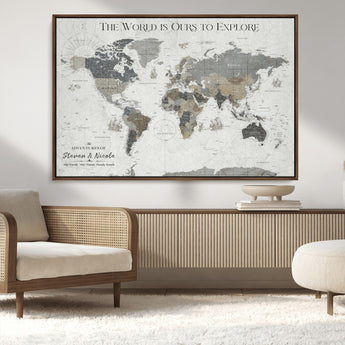 97082026-MGV-CV-36X24-Personalized World Map Wall Art – Vintage Gray Adventure Travel Map with Custom Couple or Family Names, Rustic Wall Decor for Home