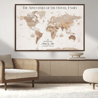 43869621-MGV-CV-36X24-Personalized World Map Wall Art – Light Beige Sepia Adventure Travel Map with Custom Family or Couple Names, Rustic Wall Decor for