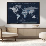 76726424-MGV-CV-36X24-Personalized World Map Wall Art – Navy Blue & Grey Adventure Travel Map with Custom Family or Couple Names, Modern Wall Decor for
