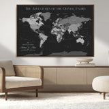 46064114-MGV-CV-36X24-Personalized World Map Wall Art – Black & Grey Adventure Travel Map with Custom Family or Couple Names, Modern Wall Decor for Home