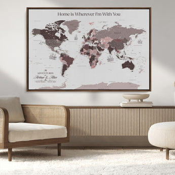33204797-MGV-CV-36X24-Personalized World Map Wall Art – Burgundy & Grey Adventure Travel Map with Custom Names, Romantic Wall Decor for Couples, Home or