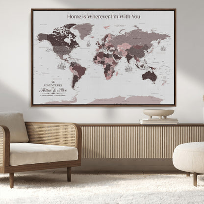 33204797-MGV-CV-36X24-Personalized World Map Wall Art – Burgundy & Grey Adventure Travel Map with Custom Names, Romantic Wall Decor for Couples, Home or