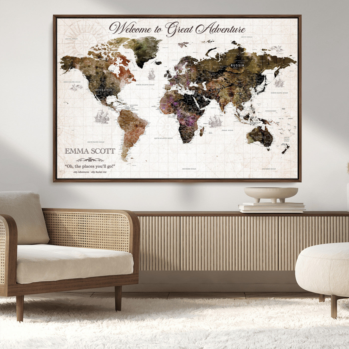 33631532-MGV-CV-36X24-Personalized World Map Wall Art – Dark Vintage Adventure Travel Map with Custom Names, Rustic Wall Decor for Couples, Home or