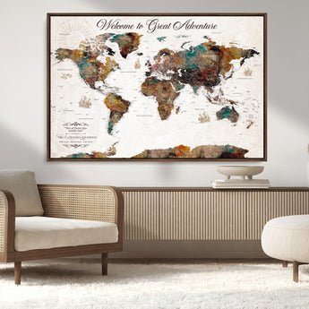 67029173-MGV-CV-36X24-Personalized World Map Wall Art – Colorful Vintage Adventure Travel Map with Custom Couple Names, Rustic Wall Decor for Home,