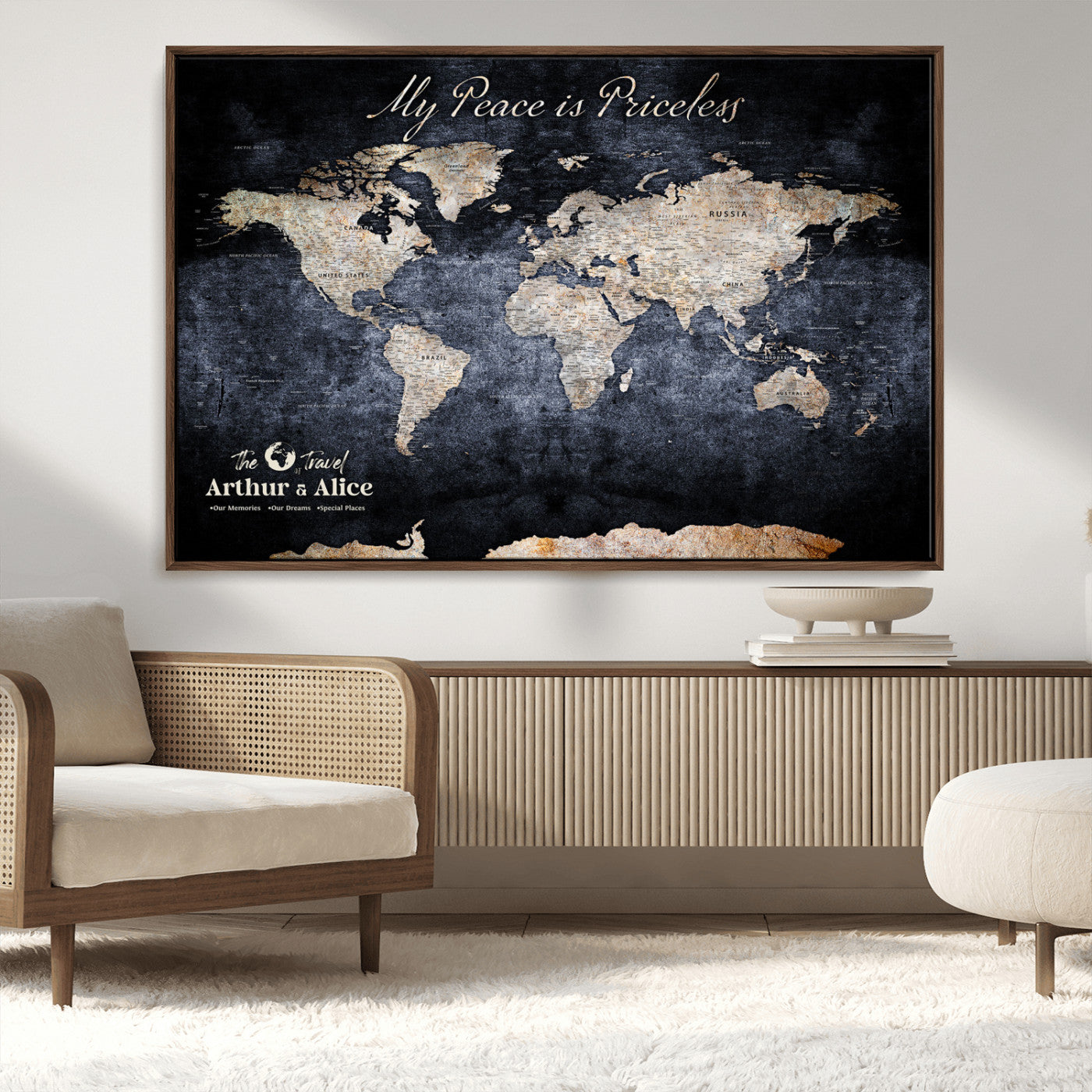 85403043-MGV-CV-36X24-Personalized World Map Wall Art – Dark Blue Rustic Adventure Map with Custom Couple Names, Vintage Wall Decor for Home or Travel