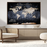 85403043-MGV-CV-36X24-Personalized World Map Wall Art – Dark Blue Rustic Adventure Map with Custom Couple Names, Vintage Wall Decor for Home or Travel