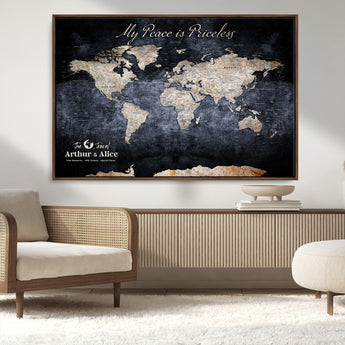 85403043-MGV-CV-36X24-Personalized World Map Wall Art – Dark Blue Rustic Adventure Map with Custom Couple Names, Vintage Wall Decor for Home or Travel