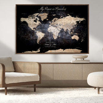 51488142-MGV-CV-36X24-Personalized World Map Wall Art – Dark Rustic Adventure Travel Map with Custom Names, Vintage Wall Decor for Couples, Families or