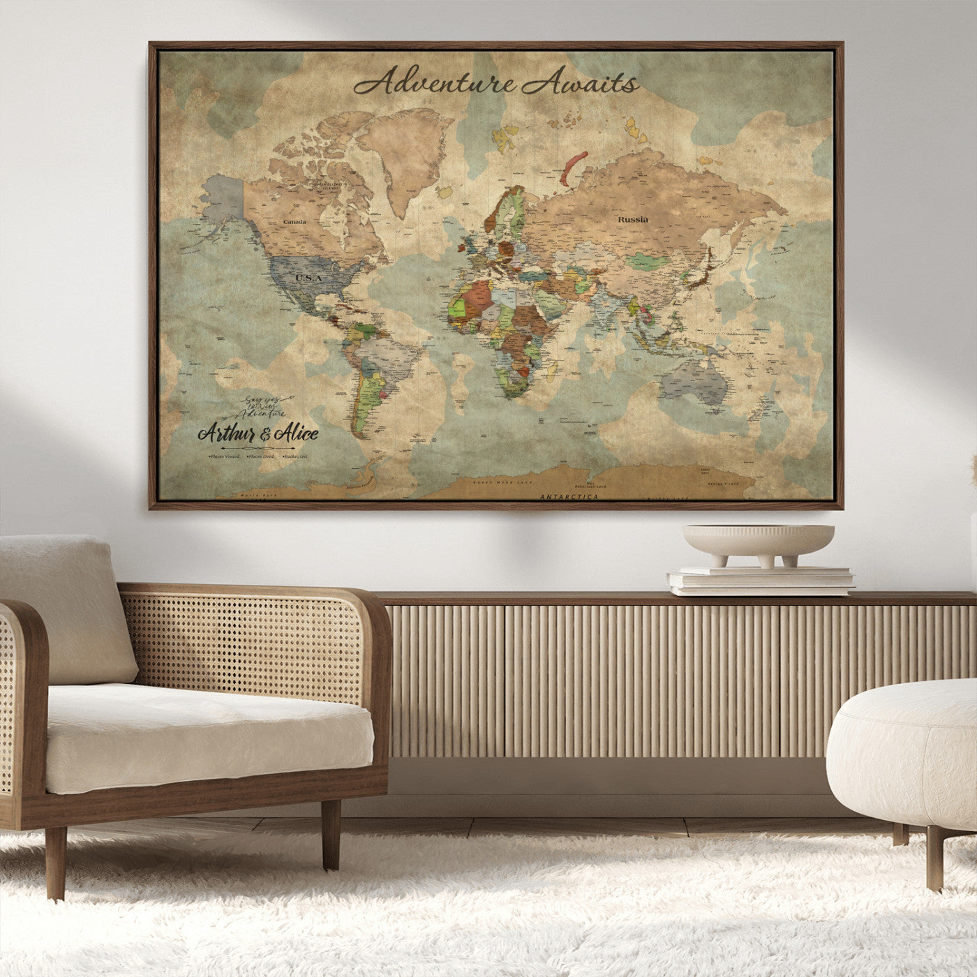 62500285-MGV-CV-36X24-Personalized World Map Wall Art – Rustic Watercolor Adventure Awaits Travel Map with Custom Couple Names, Vintage Wall Decor for