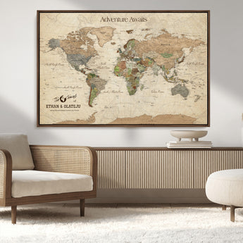 62766900-MGV-CV-36X24-Personalized World Map Wall Art – Antique Parchment Adventure Travel Map with Custom Couple Names, Rustic Wall Decor for Home,