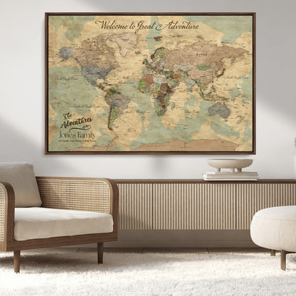 32019746-MGV-CV-36X24-Personalized World Map Wall Art – Vintage Camo Adventure Travel Map with Custom Family Names, Rustic Wall Decor for Couples, Home