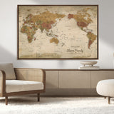 31874045-MGV-CV-36X24-Personalized World Map Wall Art – Vintage Earth Tone Adventure Map with Custom Family Names, Rustic Travel Decor for Home, Couples