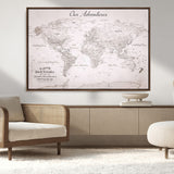 11706567-MGV-CV-36X24-Personalized World Map Wall Art – Minimalist Beige Adventure Travel Map with Custom Names, Elegant Push Pin Canvas for Couples,