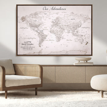 11706567-MGV-CV-36X24-Personalized World Map Wall Art – Minimalist Beige Adventure Travel Map with Custom Names, Elegant Push Pin Canvas for Couples,