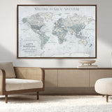 70605050-MGV-CV-36X24-Personalized World Map Wall Art – Cool Gray Adventure Travel Map with Custom Names, Elegant Push Pin Canvas for Couples, Family