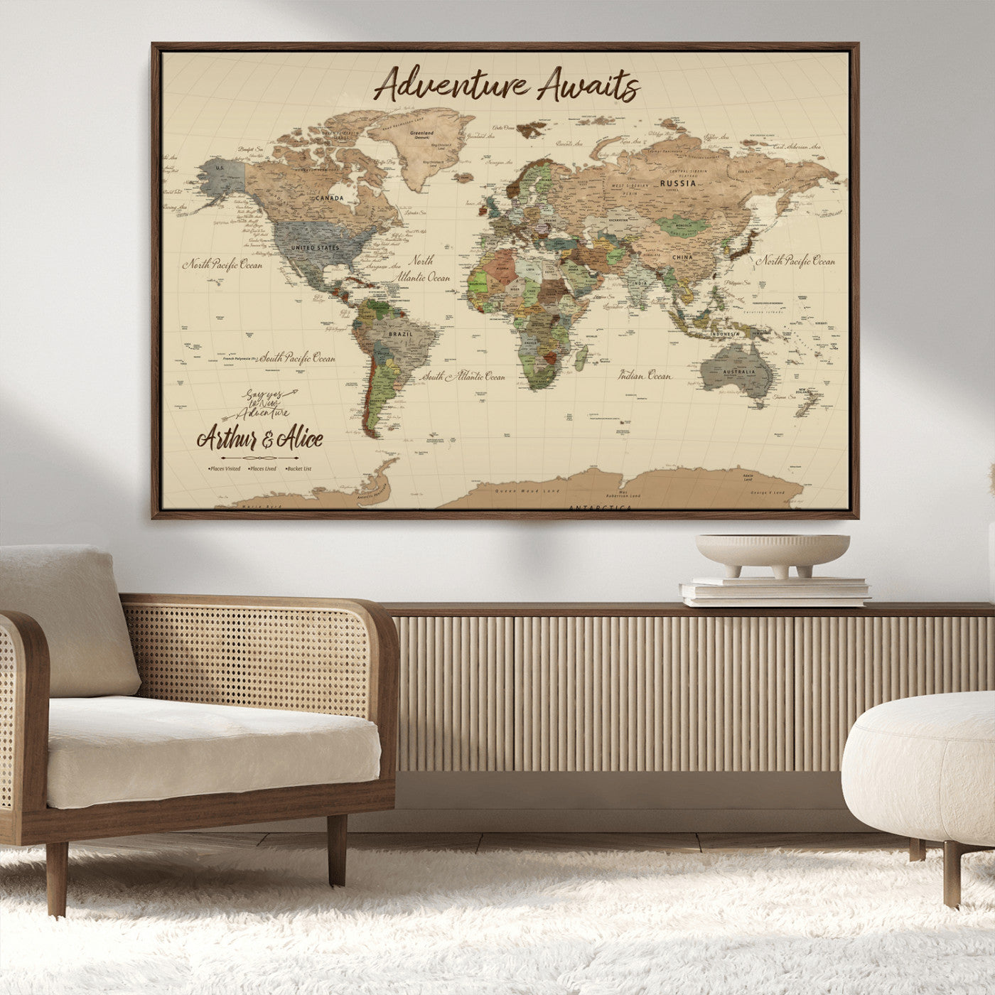 53442996-MGV-CV-36X24-Personalized World Map Wall Art – Adventure Awaits Vintage Travel Map with Custom Couple Names, Rustic Wall Decor for Home,