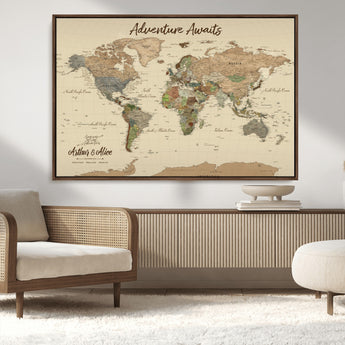 53442996-MGV-CV-36X24-Personalized World Map Wall Art – Adventure Awaits Vintage Travel Map with Custom Couple Names, Rustic Wall Decor for Home,
