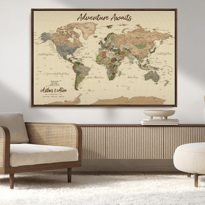 53442996-MGV-CV-36X24-Personalized World Map Wall Art – Adventure Awaits Vintage Travel Map with Custom Couple Names, Rustic Wall Decor for Home,