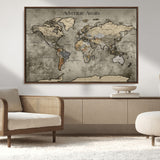 72658967-MGV-CV-36X24-Personalized World Map Wall Art – Adventure Awaits Rustic Sepia Travel Map with Custom Names, Vintage Wall Decor for Couples, Home