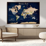 80965072-MGV-CV-36X24-Personalized World Map Wall Art – Adventure Awaits Navy Blue Travel Map with Custom Names, Rustic Vintage Wall Decor for Couples,