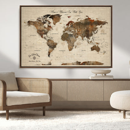 48225643-MGV-CV-36X24-Personalized World Map Wall Art – Rustic Vintage Adventure Travel Map with Custom Couple Names, Romantic Wall Decor for Home or