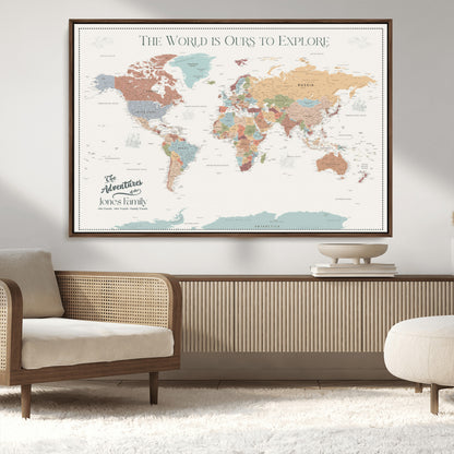 69180591-MGV-CV-36X24-Personalized World Map Wall Art – Rustic Vintage Adventure Travel Map with Custom Family Names, Unique Wall Decor for Couples,