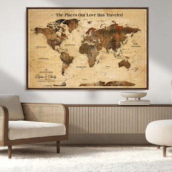 50680593-MGV-CV-36X24-Personalized World Map Wall Art – Rustic Brown Adventure Travel Map with Custom Names, Elegant Push Pin Canvas for Couples Home,