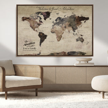 78610079-MGV-CV-36X24-Personalized World Map Wall Art – Vintage Rustic Travel Map with Custom Family Name, Adventure Wall Decor for Home, Family Gift or