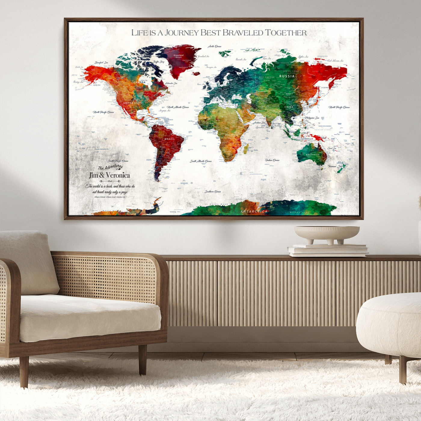 95876117-MGV-CV-36X24-Personalized World Map Wall Art – Colorful Watercolor Travel Map with Custom Names, Romantic Wall Decor for Couples, Wedding or