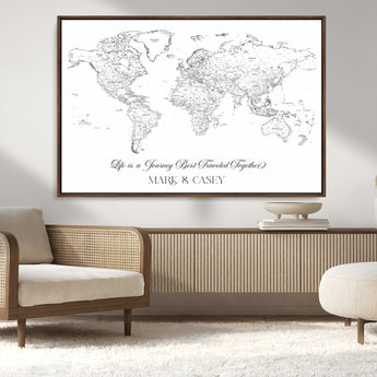 43438578-MGV-CV-36X24-Personalized World Map Wall Art – Black and White Minimal Travel Map with Custom Names, Elegant Wall Decor for Couples, Wedding or