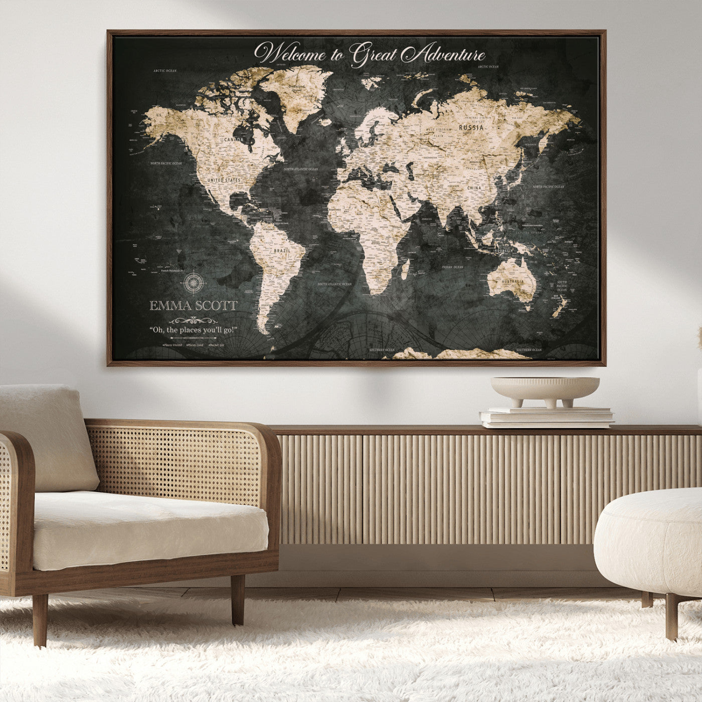 70534097-MGV-FC-36X24_Walnut-Personalized World Map Wall Art – Dark Vintage Adventure Style Travel Map with Custom Names, Unique Wall Decor for Couples, Home