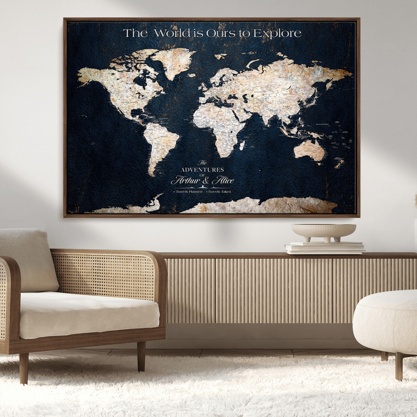 13231361-MGV-CV-36X24-Personalized World Map Wall Art – Navy Blue Vintage Adventure Travel Map with Custom Names, Elegant Push Pin Canvas for Couples