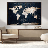 13231361-MGV-CV-36X24-Personalized World Map Wall Art – Navy Blue Vintage Adventure Travel Map with Custom Names, Elegant Push Pin Canvas for Couples