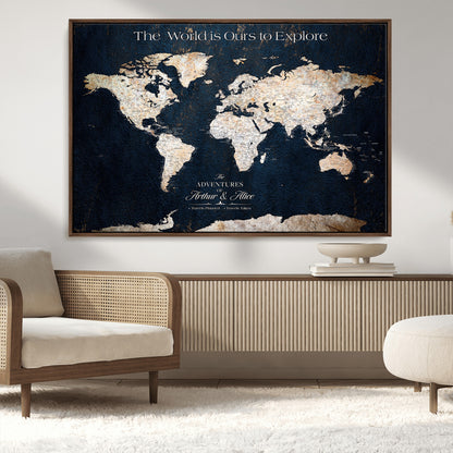 13231361-MGV-CV-36X24-Personalized World Map Wall Art – Navy Blue Vintage Adventure Travel Map with Custom Names, Elegant Push Pin Canvas for Couples