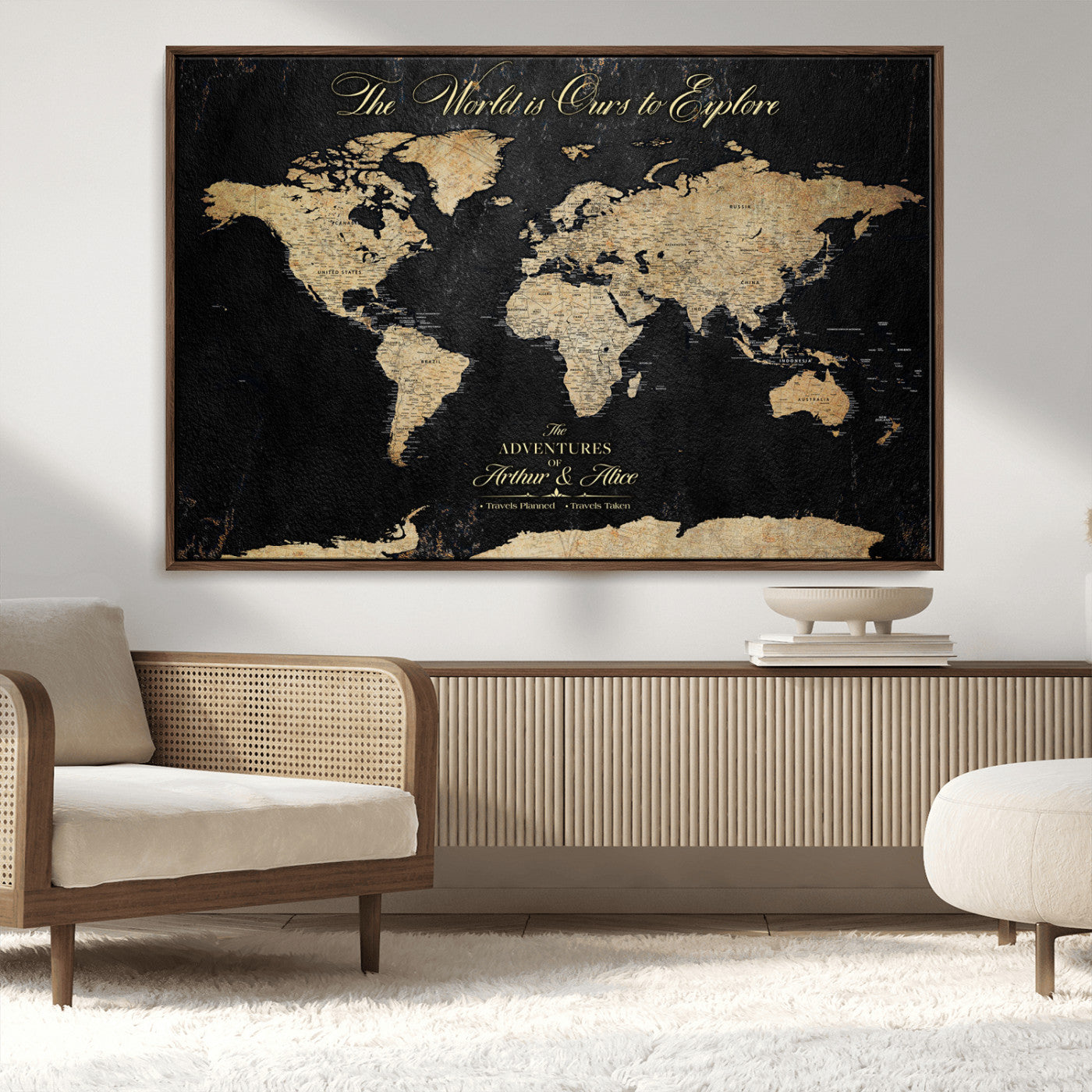 98947257-MGV-CV-36X24-Personalized World Map Wall Art – Vintage Black Adventure Travel Map with Custom Names, Elegant Push Pin Canvas for Couples Home