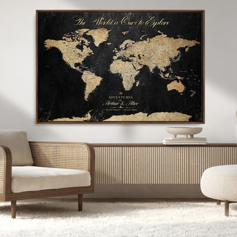 98947257-MGV-CV-36X24-Personalized World Map Wall Art – Vintage Black Adventure Travel Map with Custom Names, Elegant Push Pin Canvas for Couples Home