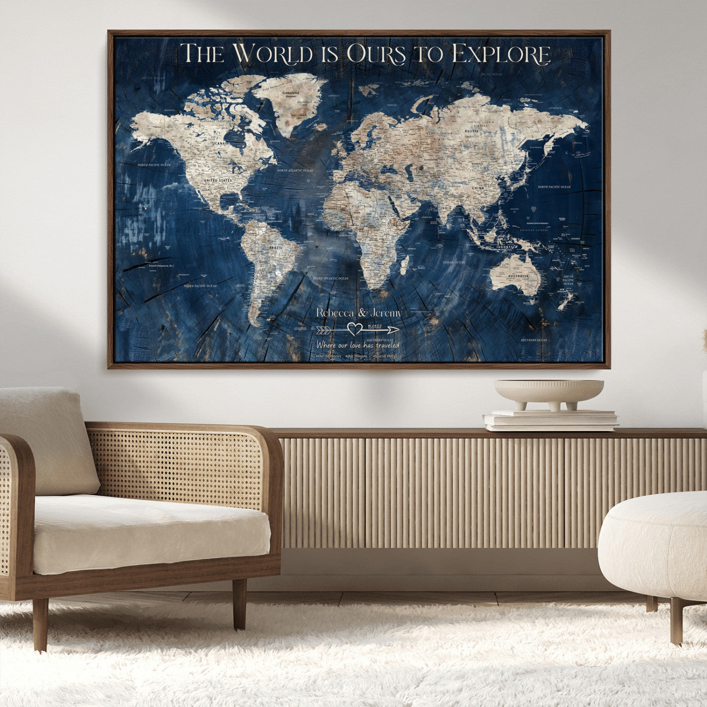 16933330-MGV-CV-36X24-Personalized World Map Wall Art – Navy Blue Vintage Travel Map with Custom Names, Anniversary Gift for Couples Romantic Adventure