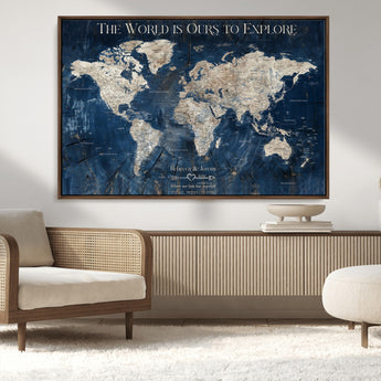 16933330-MGV-CV-36X24-Personalized World Map Wall Art – Navy Blue Vintage Travel Map with Custom Names, Anniversary Gift for Couples Romantic Adventure