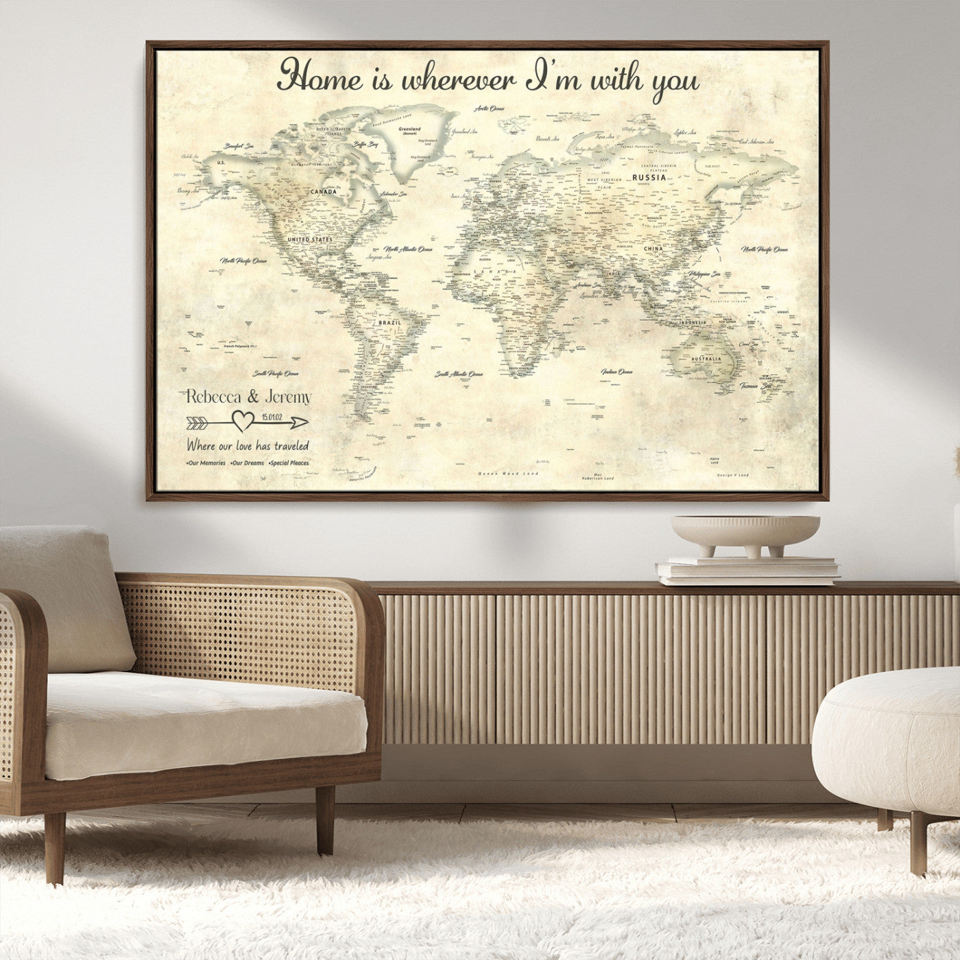 35009043-MGV-CV-36X24-Personalized World Map Wall Art – Vintage Beige Travel Map with Custom Names and Date, Romantic Anniversary Gift for Couples Home