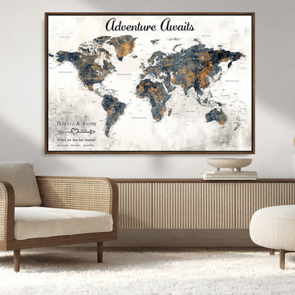 11751559-MGV-CV-36X24-Personalized World Map Wall Art – Elegant Adventure Travel Tracker Map for Couples & Families, Push Pin Canvas Poster Decor for Home, Office